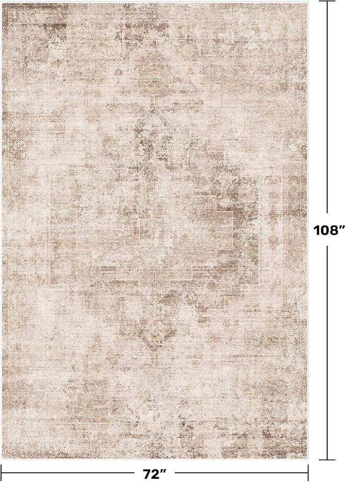 Hazo Haus Neutral Farmhouse Area Rug for Bedroom - 6x9 Washable Rug for Dining Room Table, Ultra-Thin Soft Textured Boho Indoor Decor, Fade & Stain Resistant