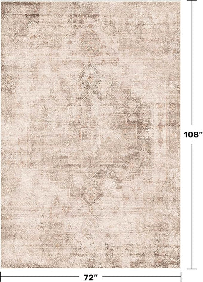 Hazo Haus Neutral Farmhouse Area Rug for Bedroom - 6x9 Washable Rug for Dining Room Table, Ultra-Thin Soft Textured Boho Indoor Decor, Fade & Stain Resistant
