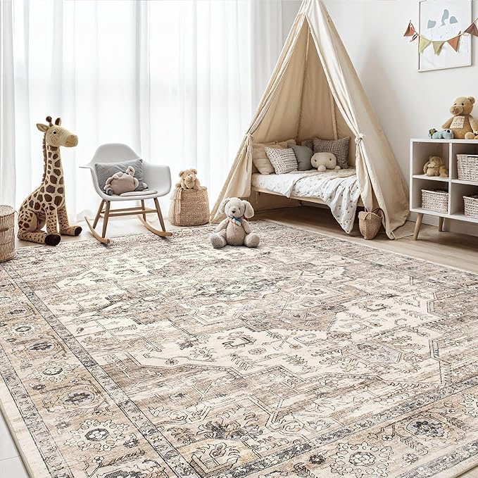 Area Rug 9x12 Washable Vintage - Soft Traditional Rugs for Living Room Large Non Slip Backing with Low Pile Farmhouse Oriental Retro Carpet for Bedroom Dining Room or Home Office - Tea Brown