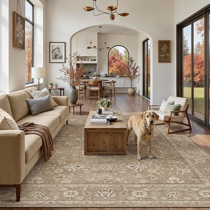 PureCozy 6x9 Area Rug Brown Washable Vintage Carpet Living Room Bedroom Large Non Slip Stain Soft Resistant Low Pile Thin Boho Accent Indoor Throw Rug for Dining Room Office