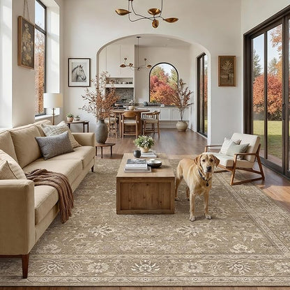 PureCozy 6x9 Area Rug Brown Washable Vintage Carpet Living Room Bedroom Large Non Slip Stain Soft Resistant Low Pile Thin Boho Accent Indoor Throw Rug for Dining Room Office