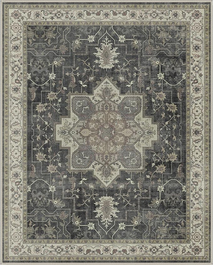 GENIMO 5x7 Area Rugs for Living Room, Machine Washable Rug, Non Slip Indoor Vintage Rug, Low Pile Lightweight Chenille Print Carpet for Bedroom Dining Room Home Office, Muted Charcoal Beige