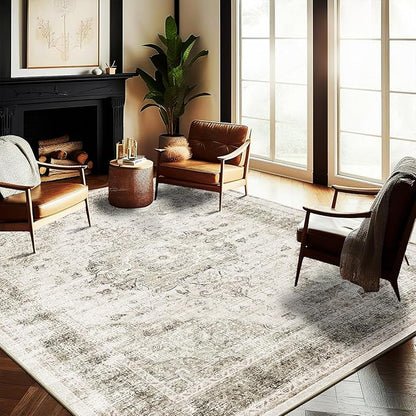 CHAMPLANT Washable Area Rug 10'x14' Floral Khaki Boho Design Non-Shedding Easy Care Ideal for High Traffic Areas in Living Room Bedroom Office Coffee Table Kitchen Large Carpet