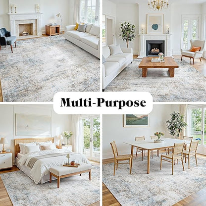 Area Rug 5x7 Living Room Rug Washable: No-Slip Abstract Soft Thin Large Brown White Hazy Blue Rugs, Indoor Floor Stain Resistant Modern Carpet for Bedroom Dining Room Farmhouse Nursery Home Office