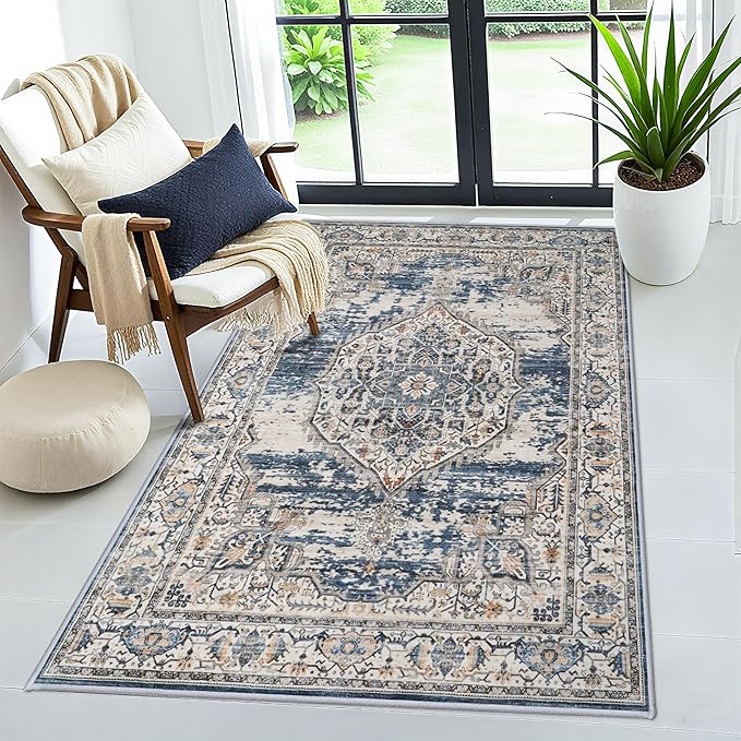 YOUFORTONG Washable Rug 3x5 Area Rugs: Soft Ultra Thin Low Pile Mat Machine Washable Indoor Doormat Lightweight Entry Rug Anti Slip Backing Rugs for Living Room Bedroom Kitchen 3'x5' Blue