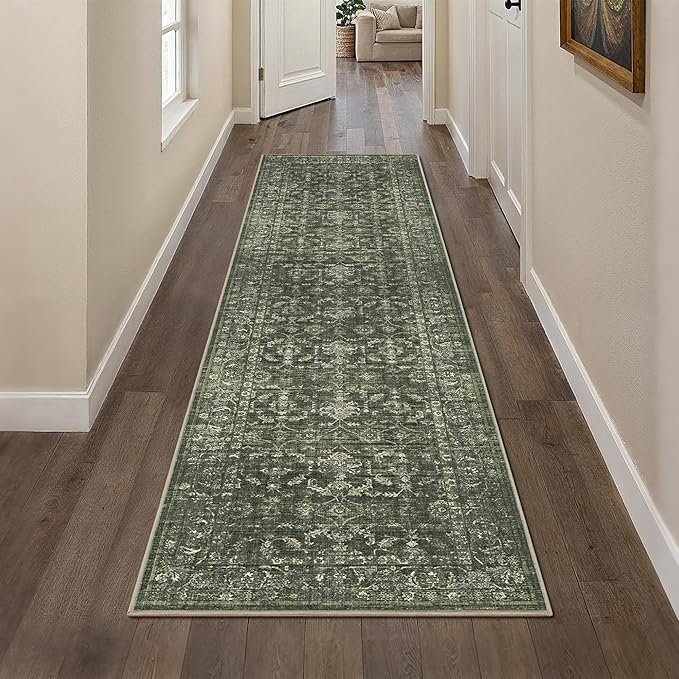 2x8 Green Runner Rug Hallway Washable Area Rugs Kitchen Vintage Boho Non Slip Long Rug Floral Carpet Indoor Retro Soft Low Pile Throw Rug for Bedroom Bathroom Laundry Dining Living Room Office