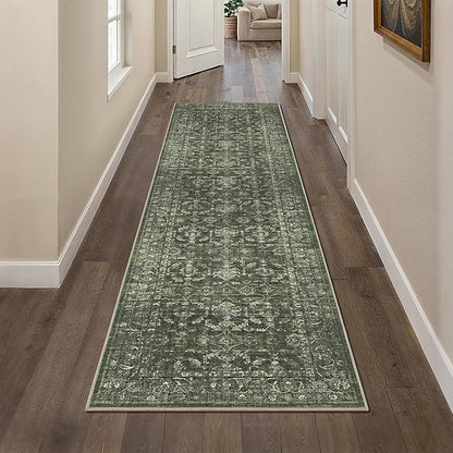 2x8 Green Runner Rug Hallway Washable Area Rugs Kitchen Vintage Boho Non Slip Long Rug Floral Carpet Indoor Retro Soft Low Pile Throw Rug for Bedroom Bathroom Laundry Dining Living Room Office
