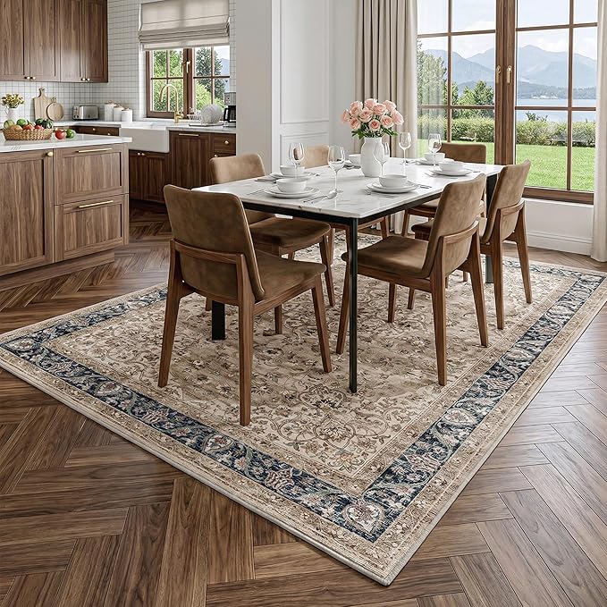 FMFUNCTEX 5x7 Brown Washable Area Rug Vintage Distressed Oriental Non Slip Low Pile Neutral Indoor Carpet for Living Room Bedroom Soft Retro Floral Thin Large Rug for Dining Nursery Office Dorm