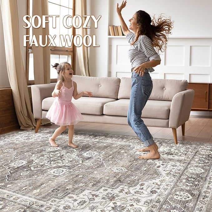 6x9 Area Rug Living Room: Washable Boho Large Neutral Vintage Soft Rugs Stain Resistant Farmhouse Non-Slip Indoor Rustic Floor Carpet for Bedroom Nursery Kids Playroom Office Dining Room- Dark Brown