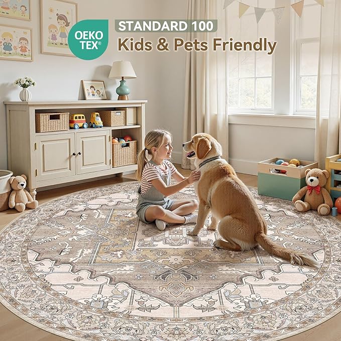 8ft Round Rug for Living Room: 8x8 Washable Vintage Brown Area Rug, Large Non Slip Soft Stain Resistant Indoor Floor Carpet for Bedroom Dining Decor Home Office Kid & Pet Friendly