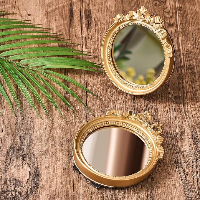 Threehoney 4 Pack Portable Small Vintage Gold Bow Mirror 4.1" Round Vintage Makeup Desk Mirror for Bedroom, Bathroom, Table Decoration