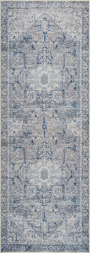 Bloom Rugs Washable Non-Slip 12 ft Runner - Blue/Gray Traditional Runner for Entryway, Hallway, Bathroom, and Kitchen - Exact Size: 2.5' x 12'
