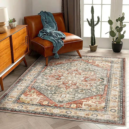 CHAMPLANT 3'x5' Red Khaki Vintage Washable Thin Area Rug Traditional Floor Cover Foldable Indoor Distressed Non Slip Carpet Floral Print Area for Bedroom Living Room Bathroom
