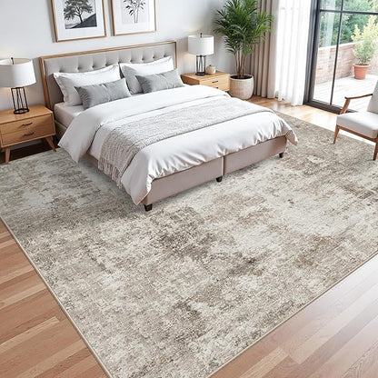 11x11 Square Area Rug for Living Room–Washable Non-Slip Soft Large Rug for Bedroom Playroom – Low-Pile Stain-Resistant Modern Abstract Neutral Indoor Carpet (Beige Grey,11ft)