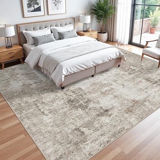 11x11 Square Area Rug for Living Room–Washable Non-Slip Soft Large Rug for Bedroom Playroom – Low-Pile Stain-Resistant Modern Abstract Neutral Indoor Carpet (Beige Grey,11ft)