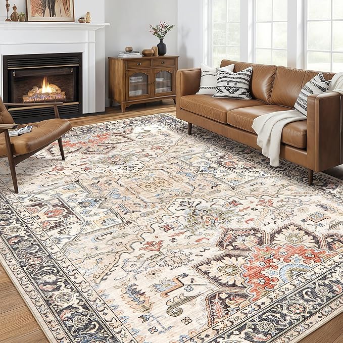 8x10 Area Rugs for Living Room - Large Carpet Ultra Thin Soft Washable Oriental Vintage Floral Distressed Big Indoor Carpets for Bedroom Nursery Dorm Home Decor Aesthetic - Multi