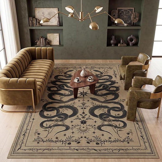 Garvee Snake Gothic Washable Rug 5x7 Dark Whimsical Moody Witchy Unique Soft Thin Carpet for Living Room Bedroom Playroom Indoor Decor Low Pile TPE Backing Taupe