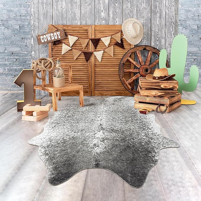 Cowhide Rug for Living Room, Washable Cow Hide Rug, Small Faux Animal Skin Rugs, Non-Slip Cow Print Area Rugs， 3x4Ft Cowhide Rugs for Bedroom Office Kitchen Entryway， Grey