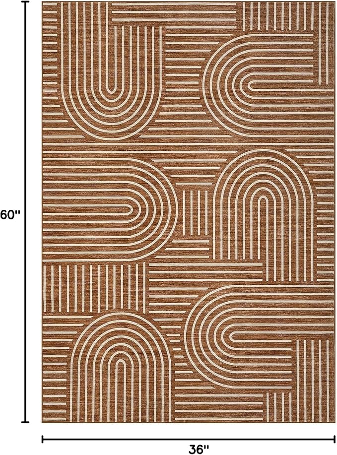 ROYHOME Washable Rug 3x5 Area Rugs for Living Room, Abstract Rug for Bedroom, Soft Rainbow Non Slip Throw Rugs with Rubber Back, Low Pile Stain Resistant Boho Geometric Carpet for Dining Room, Copper