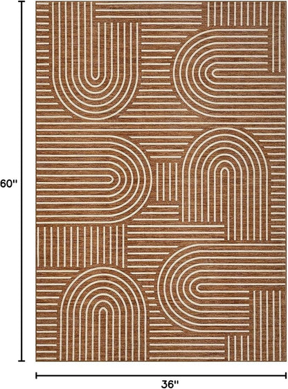 ROYHOME Washable Rug 3x5 Area Rugs for Living Room, Abstract Rug for Bedroom, Soft Rainbow Non Slip Throw Rugs with Rubber Back, Low Pile Stain Resistant Boho Geometric Carpet for Dining Room, Copper