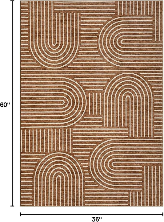 ROYHOME Washable Rug 3x5 Area Rugs for Living Room, Abstract Rug for Bedroom, Soft Rainbow Non Slip Throw Rugs with Rubber Back, Low Pile Stain Resistant Boho Geometric Carpet for Dining Room, Copper