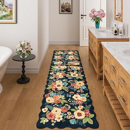 DUKINO Washable Runner Rug, 2x7 Lightweight Soft Floral Hallway Rug Runner with Low Pile Design, Non Shedding & Non Slip Backing Thin Indoor Carpet for Bedroom, Bathroom, Entrance, Kitchen, Navy Blue