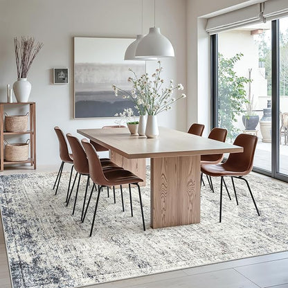 Soalmost 7x10 Area Rug for Living Room Washable Abstract Vintage Soft Thin Indoor Floor Non-Slip Carpet for Bedroom Dining Room Blue Ivory
