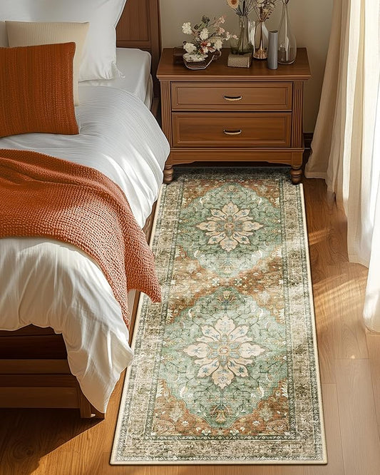 RELEANY Area Rugs 2'x6' Runner Rug Non Slip Washable for Kitchen Hallway Bedroom Beside Laundry Room Bathroom Rug, Floor Carpet, Brick Red Rust Neutral Brown Burnt Orange Green