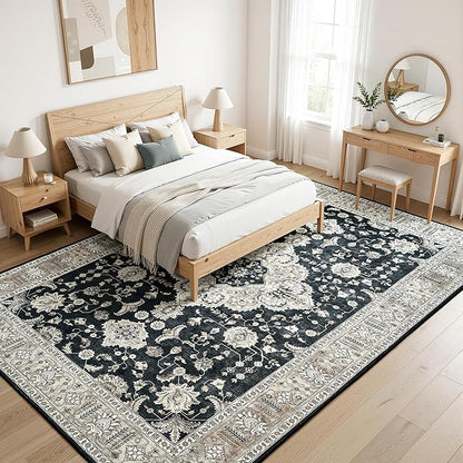 Maxsoft Large Area Rugs for Living Room Bedroom, 8x10 Black Gold Washable Rug with Rubber Backing, Non-Slip and Stain Resistant Soft Throw Indoor Carpet for Dining Room Office Kitchen Dorm Home Decor