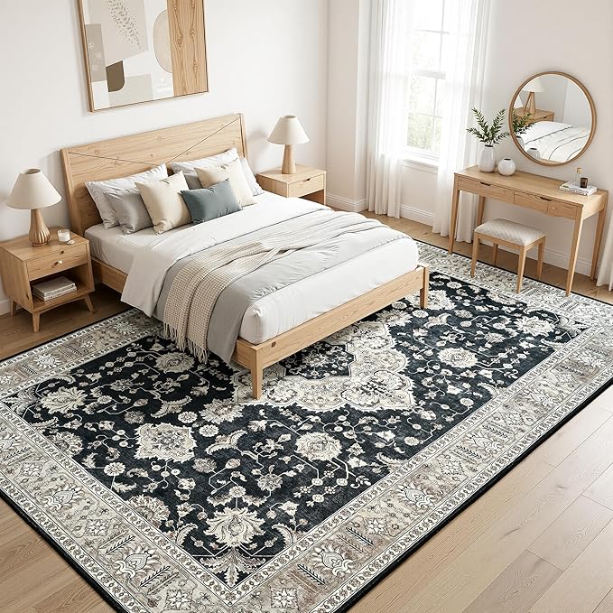 Maxsoft Area Rugs for Living Room Bedroom, 4x6 Black Gold Washable Rug with Rubber Backing, Non-Slip and Stain Resistant Soft Throw Indoor Carpet for Dining Room Office Kitchen Dorm Home Decor