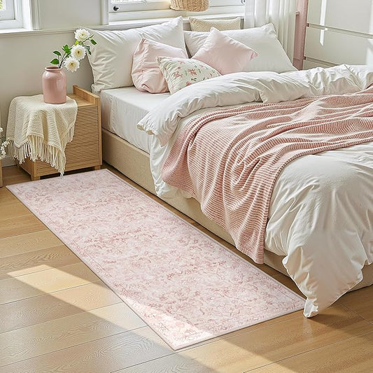 Pink 2x6 Runner Rug for Hallways Bed Side Kitchen, Boho Washable Distressed Low-Pile Floor Entryway Long Bathroom Mat, Non-Slip Laundry Room Washstand Front Carpet Green 24x72 Inch
