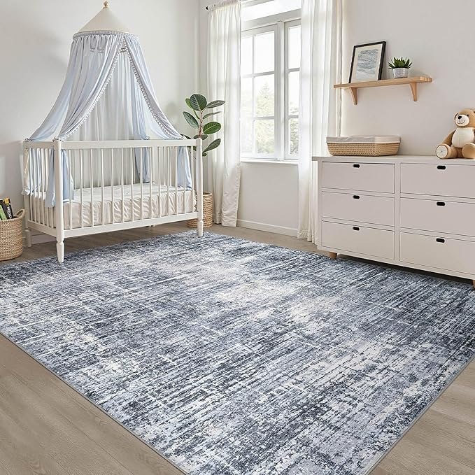 8x10 Area Rugs Living Room: Washable Large Neutral Navy Rug Abstract Soft Modern Stain Resistant Indoor Floor Non-Slip Carpet for Bedroom Nursery Kids Office Playroom Dining Room Under Table Home