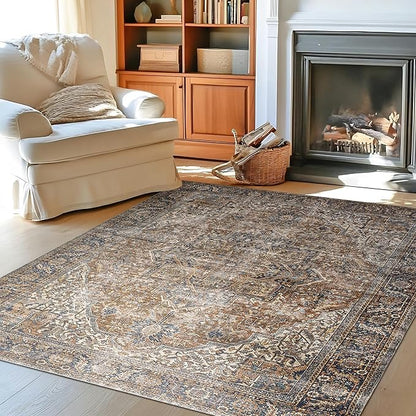 Brown Area Rug 5x7 Machine Washable Living Room Rug Modern Farmhouse Low Pile Non Slip Low Pile Boho Vintage Floral Moody Carpet for Bedroom, Dark Brown