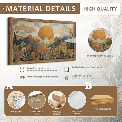 Framed Boho Landscape Large Wall Art, Abstract Sun Mountain Canvas Wall Decor Painting, Modern Floral Botanical Aesthetic Poster Print Picture for Living Room Bedroom Home Office 24x48 Inch