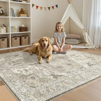 3x5 Rug,Ultra-Thin Washable Rugs for Living Room, Stain Resistant Entryway Rug,Non-Slip Area Rugs, Vintage Small Rugs (Brown/Ivory,3'x5')