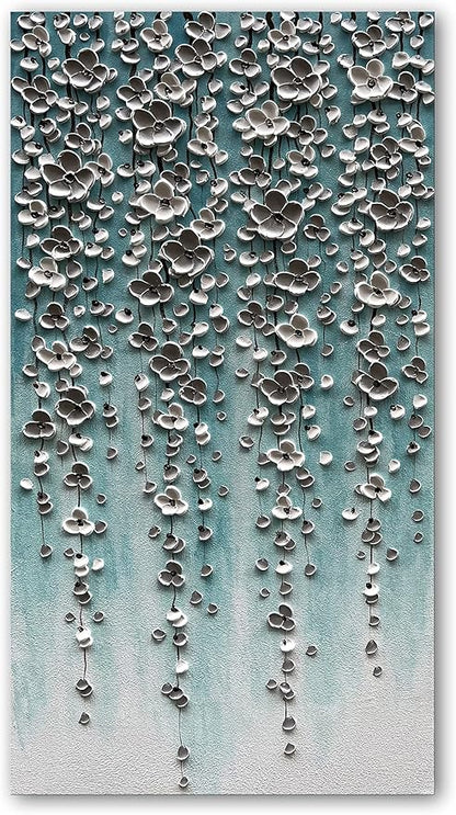 Epicler Large-Scale Oil Painting on Canvas Wall Art,46x23 inches Hand-Painted White Flower Wall Painting, Abstract Canvas Wall Art for Home Wall Decoration