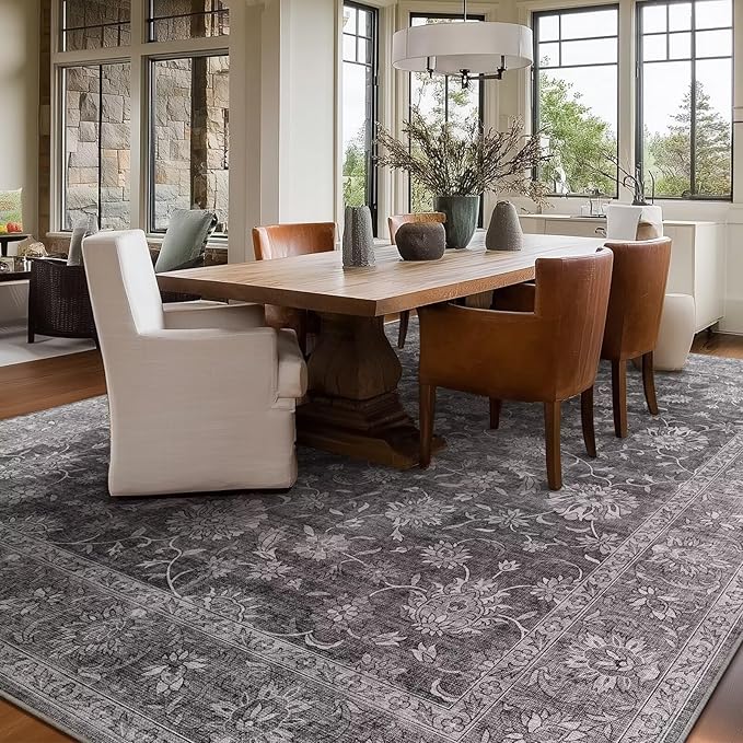 Washable 8x10 Area Rugs for Living Room, Boho Non-Slip Vintage Distress Large Rugs for Bedroom Dining Room Nursery Office, 0.3" Neutral Oriental Throw Thin Carpet, Grey/Multi, E3