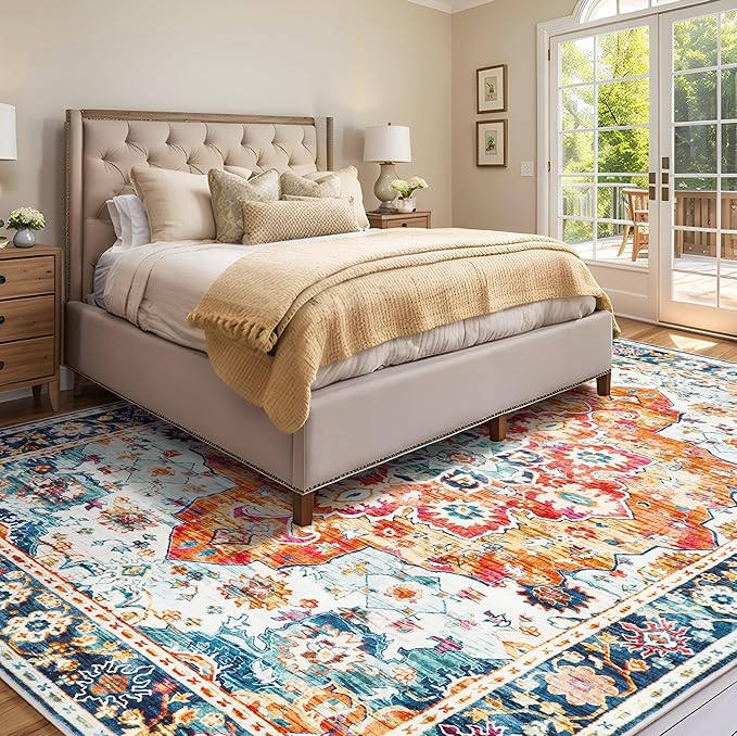 8x10 Area Rugs for Living Room, Machine Washable Vintage Rug, Non-Slip Low Pile Throw Rugs with Rubber Backing Washable Carpet for Bedroom Dining Room Kitchen Home Decor, Orange