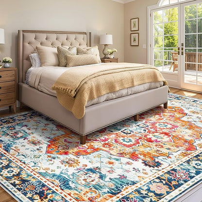 8x10 Area Rugs for Living Room, Machine Washable Vintage Rug, Non-Slip Low Pile Throw Rugs with Rubber Backing Washable Carpet for Bedroom Dining Room Kitchen Home Decor, Orange