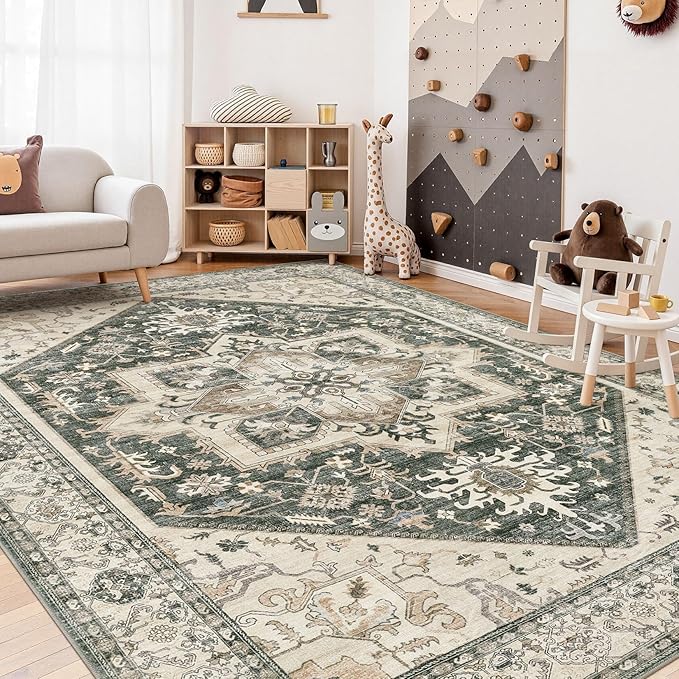9x12 Area Rugs for Living Room - Large Carpet Ultra Thin Soft Washable Oriental Vintage Floral Distressed Rug Big Indoor Carpets for Bedroom Nursery Dorm Home Decor Aesthetic - Vintage Green