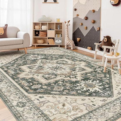 9x12 Area Rugs for Living Room - Large Carpet Ultra Thin Soft Washable Oriental Vintage Floral Distressed Rug Big Indoor Carpets for Bedroom Nursery Dorm Home Decor Aesthetic - Vintage Green