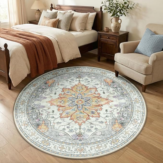 RELEANY Area Rugs Round 5ft Washable Non-Slip, Floral Vintage Distress Print Pattern Medallion Carpet for Living Room Bedroom Dining Room, Light Yellow Carbon Grey Orange