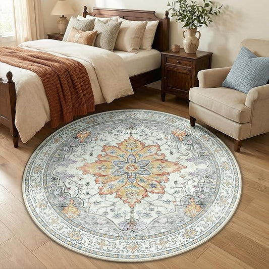RELEANY Area Rugs Round 5ft Washable Non-Slip, Floral Vintage Distress Print Pattern Medallion Carpet for Living Room Bedroom Dining Room, Light Yellow Carbon Grey Orange