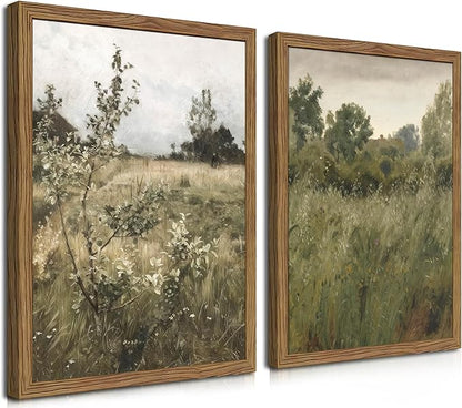 Vintage Landscape Wall Art Set of 2, Green Natural Wilderness Farmhouse Canvas Wall Decor Paintings, Retro Country Wildflower Oil Pictures Posters Prints for Living Room Bedroom 16x24 Inch Wood Framed