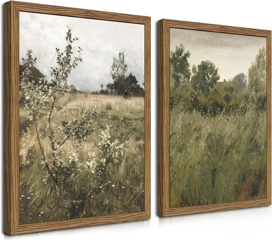 Vintage Landscape Wall Art Set of 2, Green Natural Wilderness Farmhouse Canvas Wall Decor Paintings, Retro Country Wildflower Oil Pictures Posters Prints for Living Room Bedroom 16x24 Inch Wood Framed