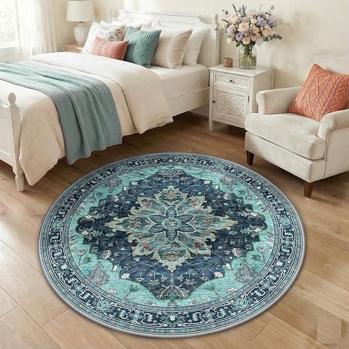 RELEANY Area Rugs Round 4ft Washable Non-Slip, Floral Vintage Distress Print Pattern Medallion Carpet for Living Room Bedroom Dining Room, Teal Green Lake Blue Turquoise