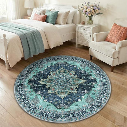 RELEANY Area Rugs Round 4ft Washable Non-Slip, Floral Vintage Distress Print Pattern Medallion Carpet for Living Room Bedroom Dining Room, Teal Green Lake Blue Turquoise