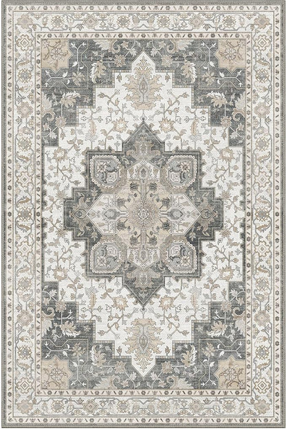 GENIMO 10x14 Area Rugs for Living Room, Machine Washable Non Slip Vintage Rugs, Low Pile Lightweight Chenille Print Rug for Bedroom, Dining Room, Home Office, Heathered Grey
