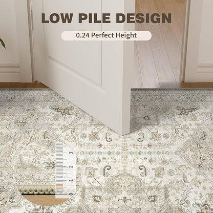 2.6x8 Washable Hallway Runner Rug - Kitchen Rugs with Non Slip Backing Vintage Soft Farmhouse Entryway Mat for Living Room Laundry Bedroom Bathroom Brown/Ivory
