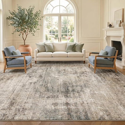 Hazo Haus Taupe Brown Large Area Rug for Living Room 10x12 – Modern Farmhouse Rustic Washable Rug for Dining Room & Bedroom, Non-Slip Foldable Dark Academia Décor